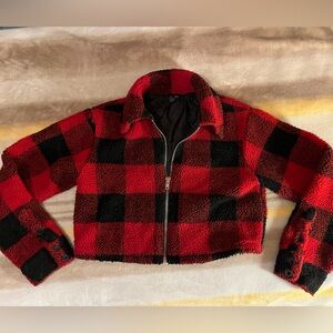 Forever 21 Cropped Red and Black Plaid Sherpa Jacket